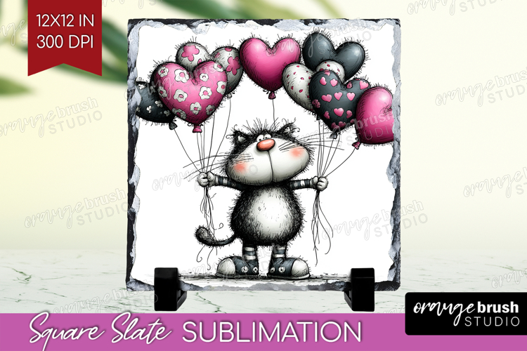 Whimsical Cat Slate PNG - Valentines Day Square Slate