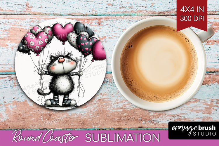 Whimsical Cat Round Coaster - Valentines Day Coaster PNG
