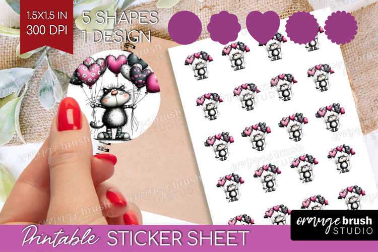 Whimsical Cat Round Sticker - Valentines Day Printable Sheet