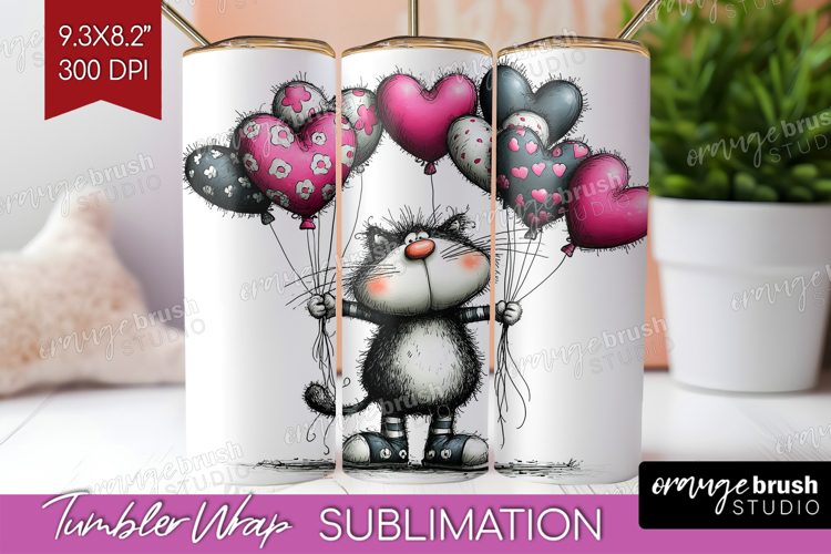 Whimsical Cat Tumbler Wrap - Valentines Day Tumbler PNG