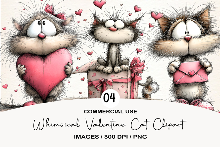 Whimsical Valentine Cat Clipart PNG