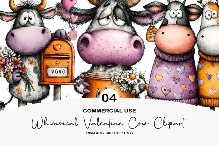 whimsical valentine cow clipart
