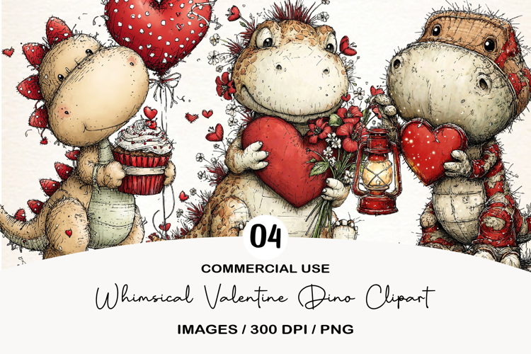 Whimsical Valentine Dino Clipart