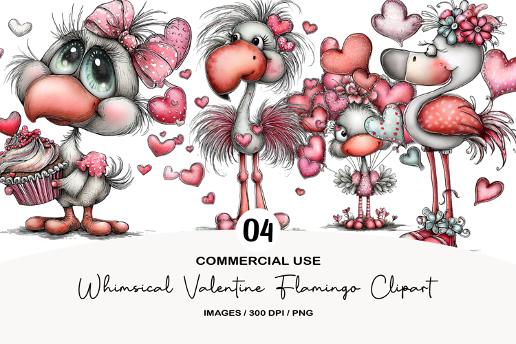 Whimsical Valentine Flamingo Clipart