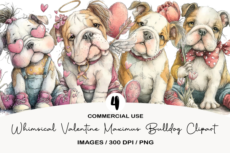 Whimsical Valentine Maximus Bulldog Clipart