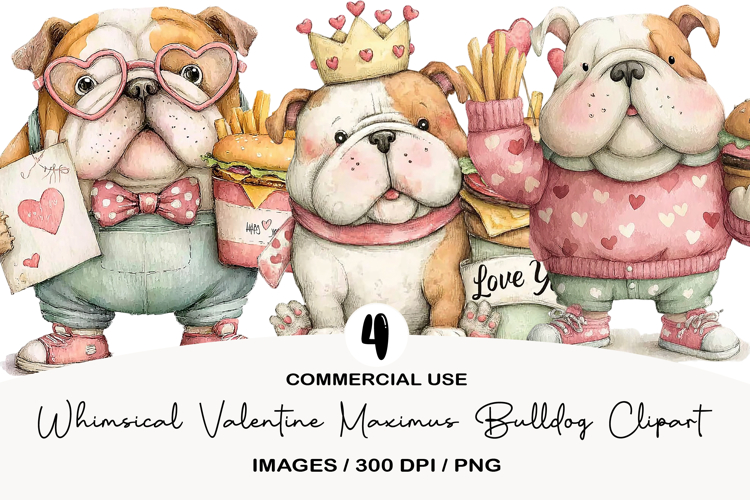 Whimsical Valentine Maximus Bulldog Clipart