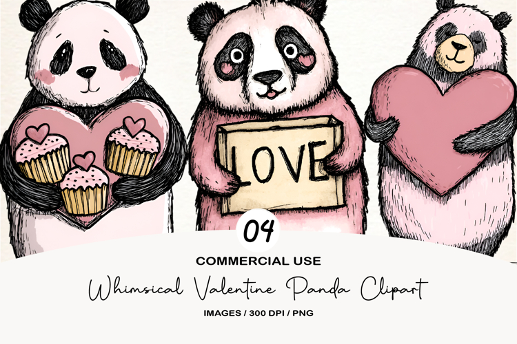 Whimsical Valentine Panda Clipart