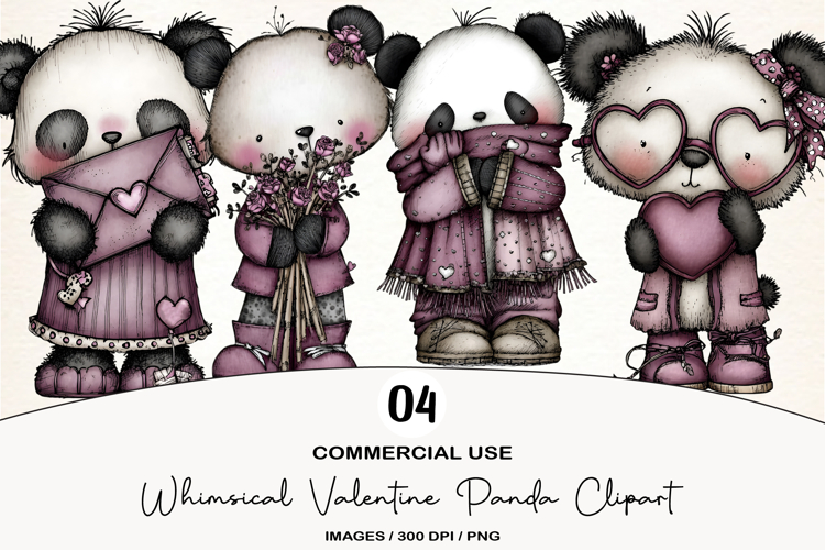Whimsical Valentine Panda Clipart