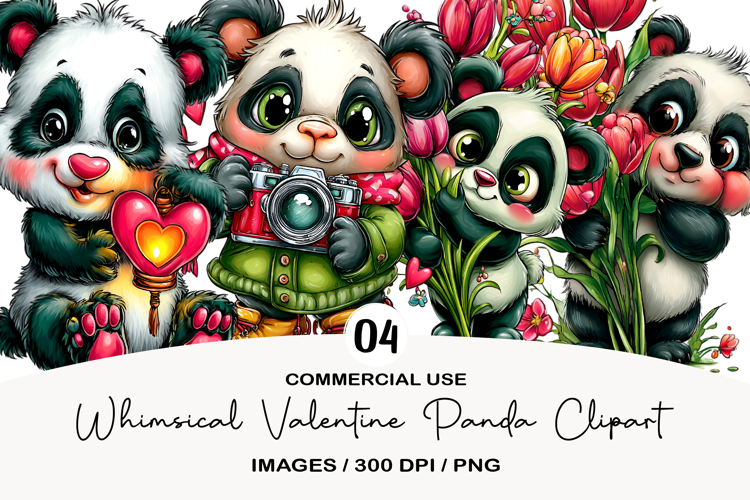 Whimsical Valentine Panda Clipart