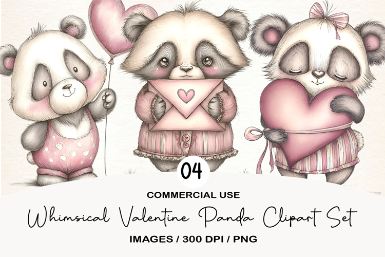 Whimsical Valentine Panda Clipart Set