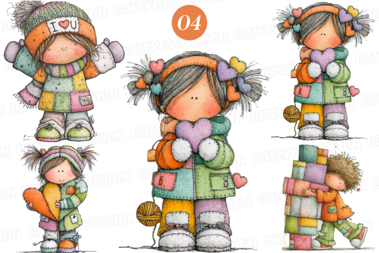 Whimsical Valentine Patchwork Kids Clipart - Valentine Kids
