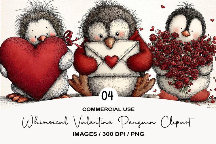 Whimsical Valentine Penguin Clipart