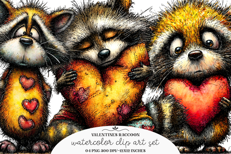 Whimsical valentines raccoon clipart - Valentines raccoon