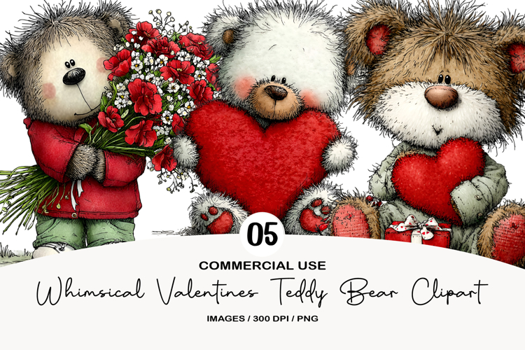 Whimsical Valentines Teddy Bear Clipart