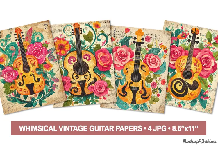 Vintage Guitar Junk Journal Pages |Retro Papers