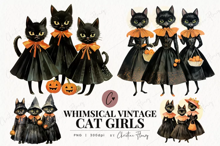 Whimsical Vintage Cat Girls Clipart