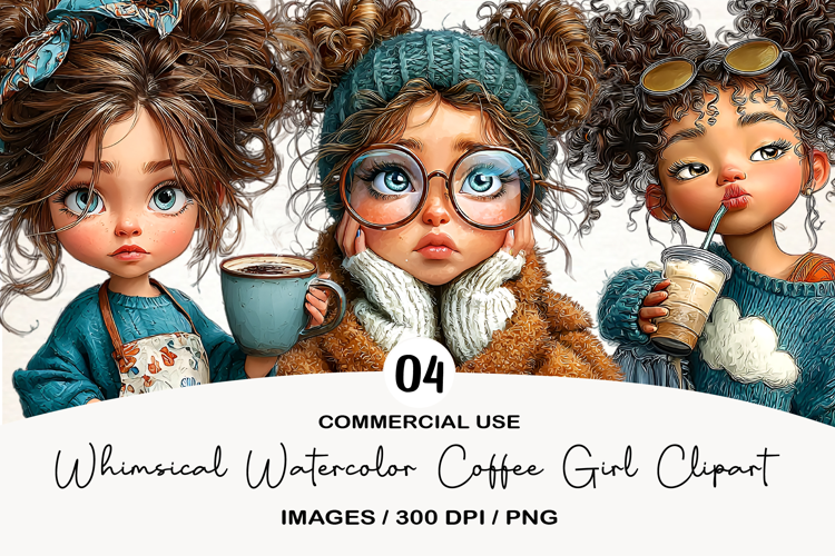 Whimsical Watercolor Coffee Girl Clipart