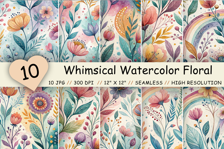 Whimsical Watercolor Floral Seamless Digital Paper, Abstract