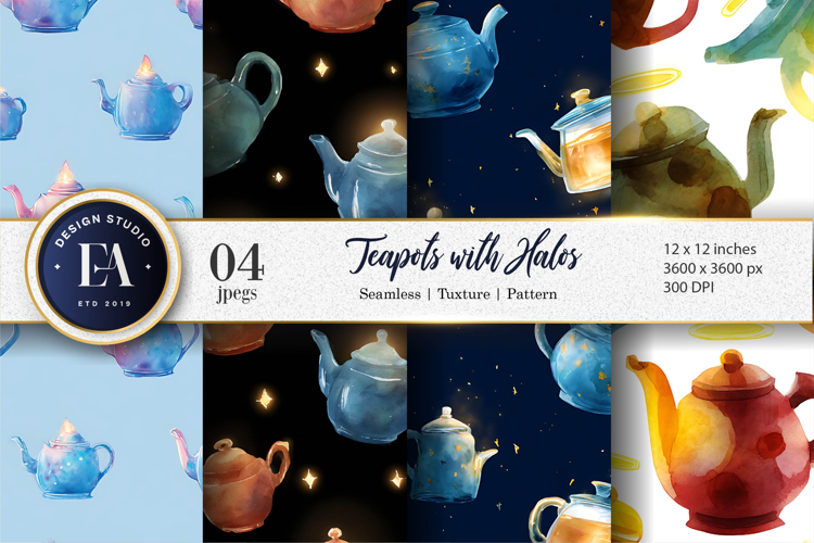 Watercolor Teapots with Glowing Halos Seamless Digital Paper