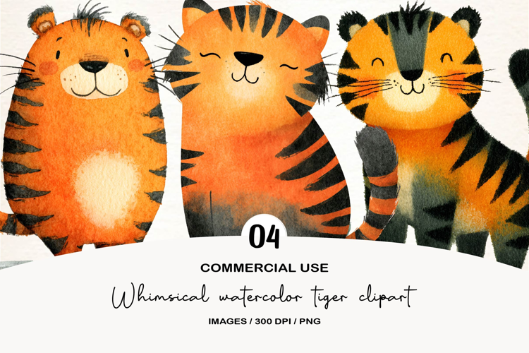 Whimsical watercolor tiger clipart PNG