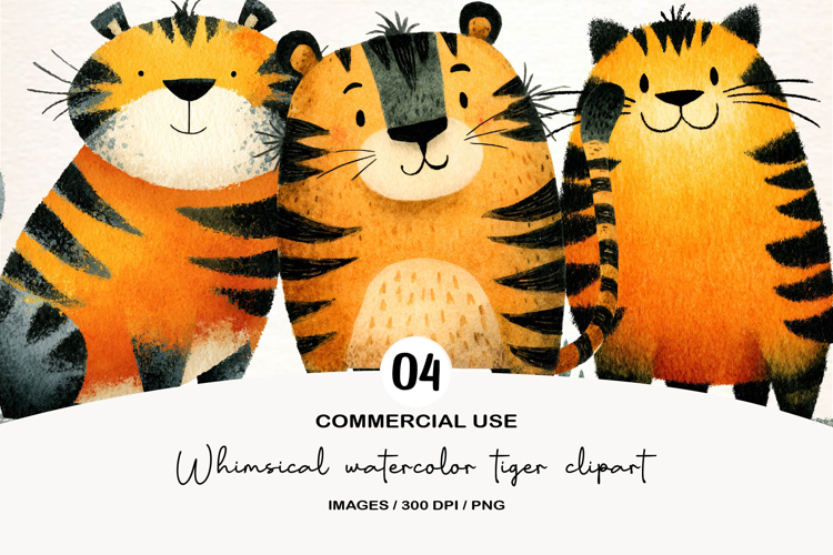 Whimsical watercolor tiger clipart