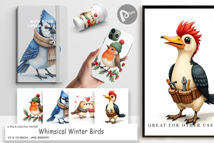 Whimsical Winter Birds Digital Paper
