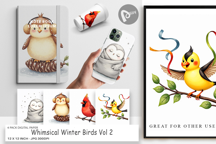 Whimsical Winter Birds Digital Paper
