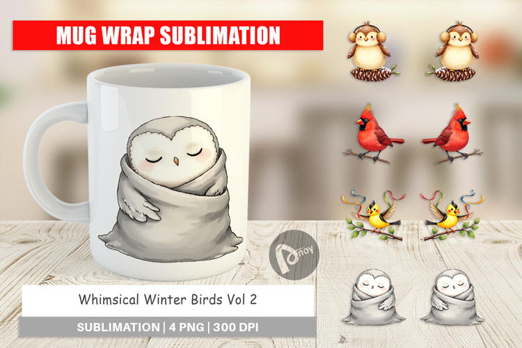 Whimsical Winter Birds Mug Wrap