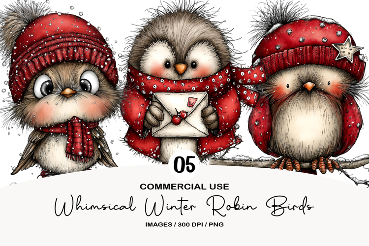 Whimsical Winter Robin Bird Clipart