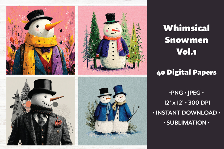 Whimsical Snowmen Digital Paper Vol.1, 40 PNG & JPEG