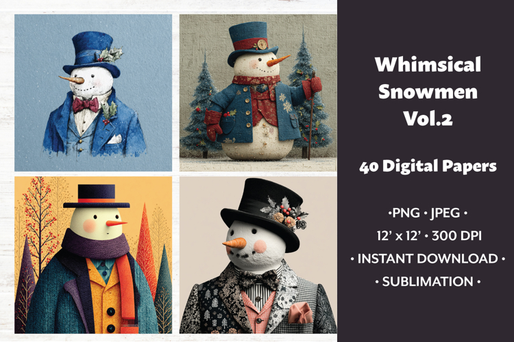 Whimsical Snowmen Digital Paper Vol.2, 40 PNG & JPEG