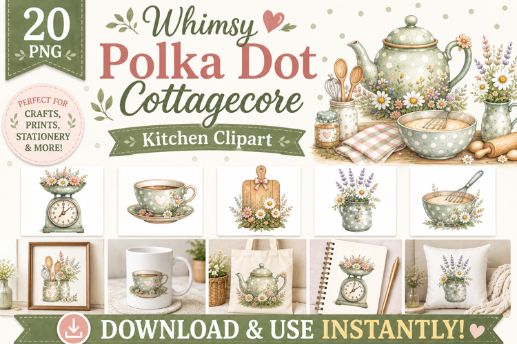 Whimsy Polka Dot Cottagecore Kitchen Clipart Bundle PNG