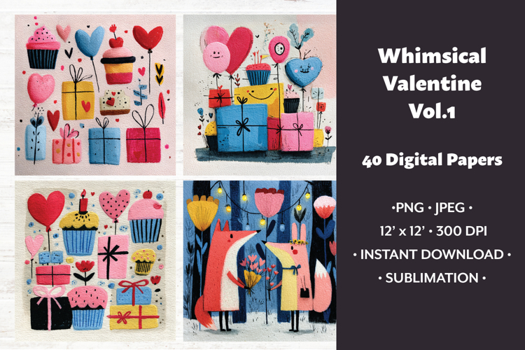 Whimsical Valentine Digital Paper,40 High Quality PNG & JPEG