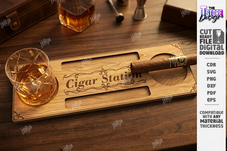 Whiskey and Cigar Holder Laser Cut | Serving Tray | Engraved