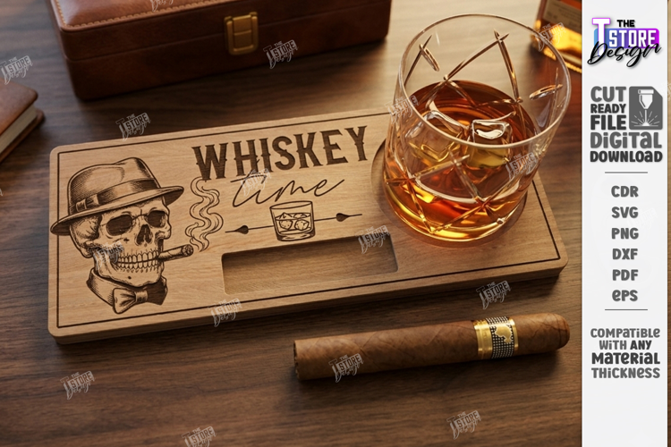 Whiskey and Cigar Holder Laser Cut | Serving Tray | Engraved
