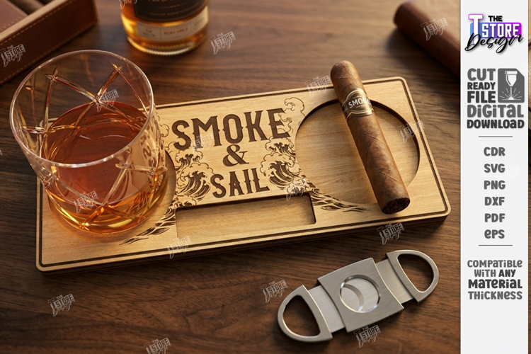 Whiskey and Cigar Holder Laser Cut | Serving Tray | Engraved