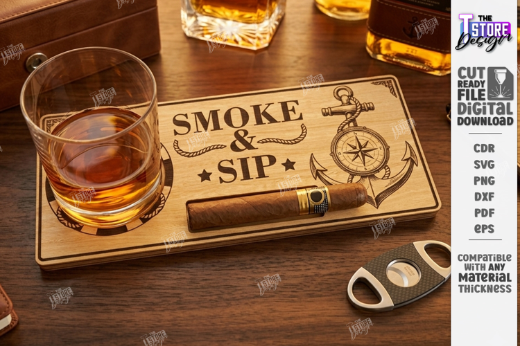 Whiskey and Cigar Holder Laser Cut | Serving Tray | Engraved