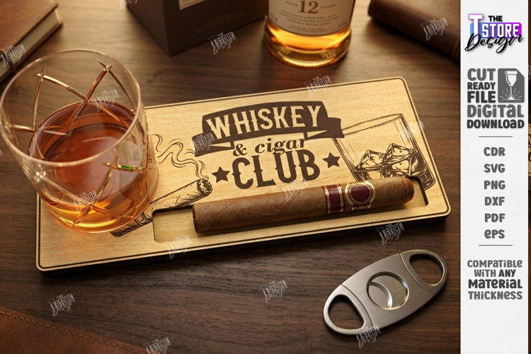 Whiskey and Cigar Holder Laser Cut | Serving Tray | Engraved