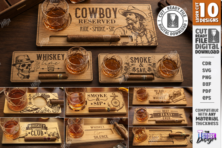 Whiskey and Cigar Holder Laser Cut Bundle | Serving Tray SVG