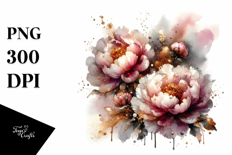 Abstract Shiny Peonies with Golden Insertions Watercolor