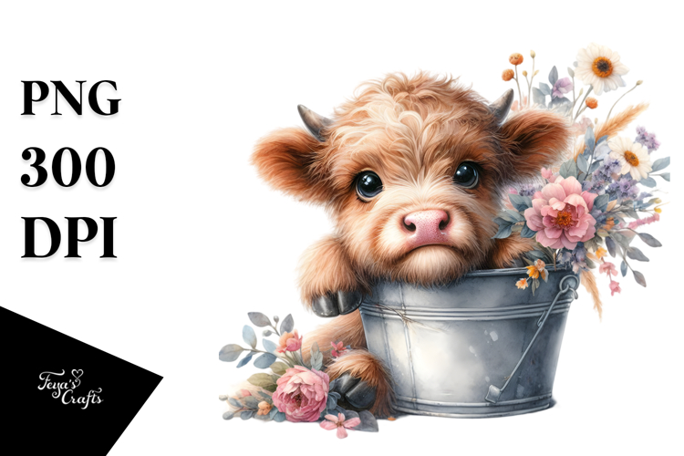 Cute Baby Highland Cow in Flower Bucket, PNG