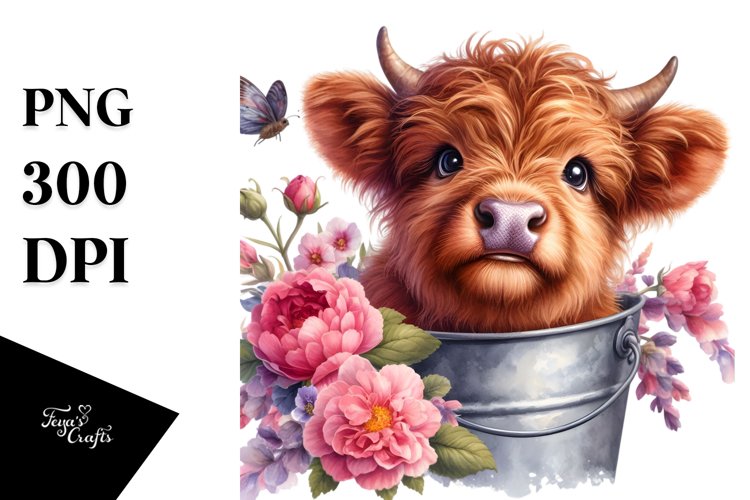 Cute Baby Highland Cow in Wood Bucket PNG