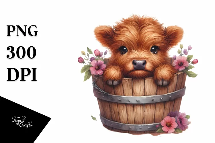 Cute Baby Highland Cow, Watercolor PNG