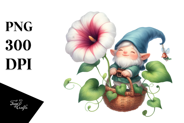 Watercolor Floating Gnome with Morning Glory PNG