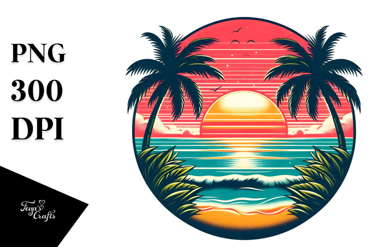 Retro Tropical Beach Sunset PNG