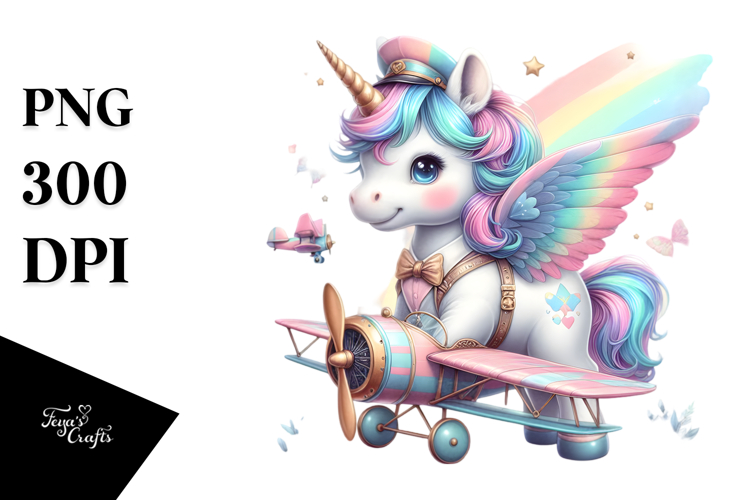 Colorful Unicorn with Biplane PNG