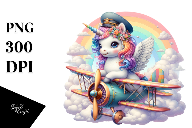 Colorful Unicorn with Biplane PNG