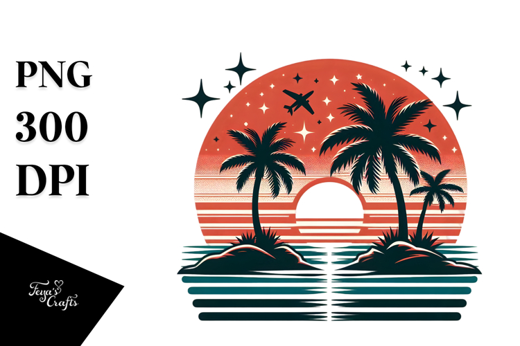 Retro Tropical Island Sunset PNG