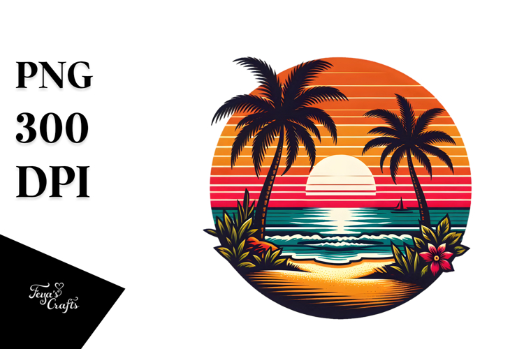 Retro Tropical Beach Sunset PNG