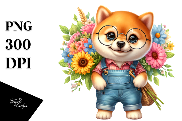 Excited Shiba Inu with Flower Bouquet